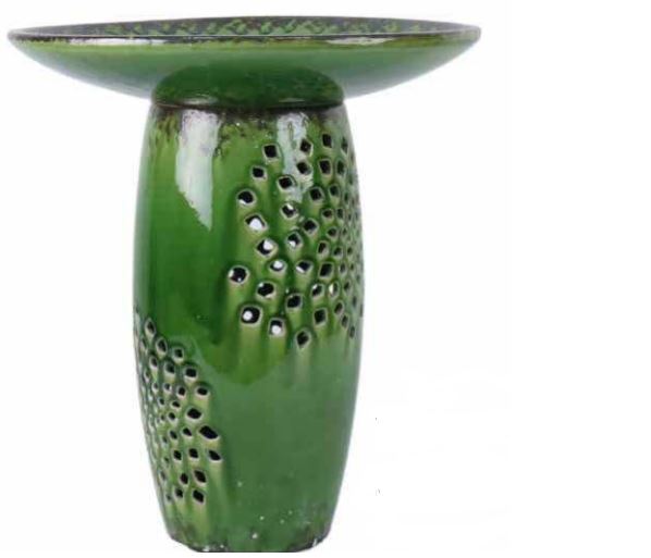 GREEN DECORATIVE CERAMIC BIRD BATH 