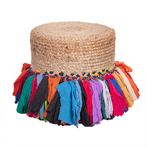 Jute Pouffe with Multi Color Fringe